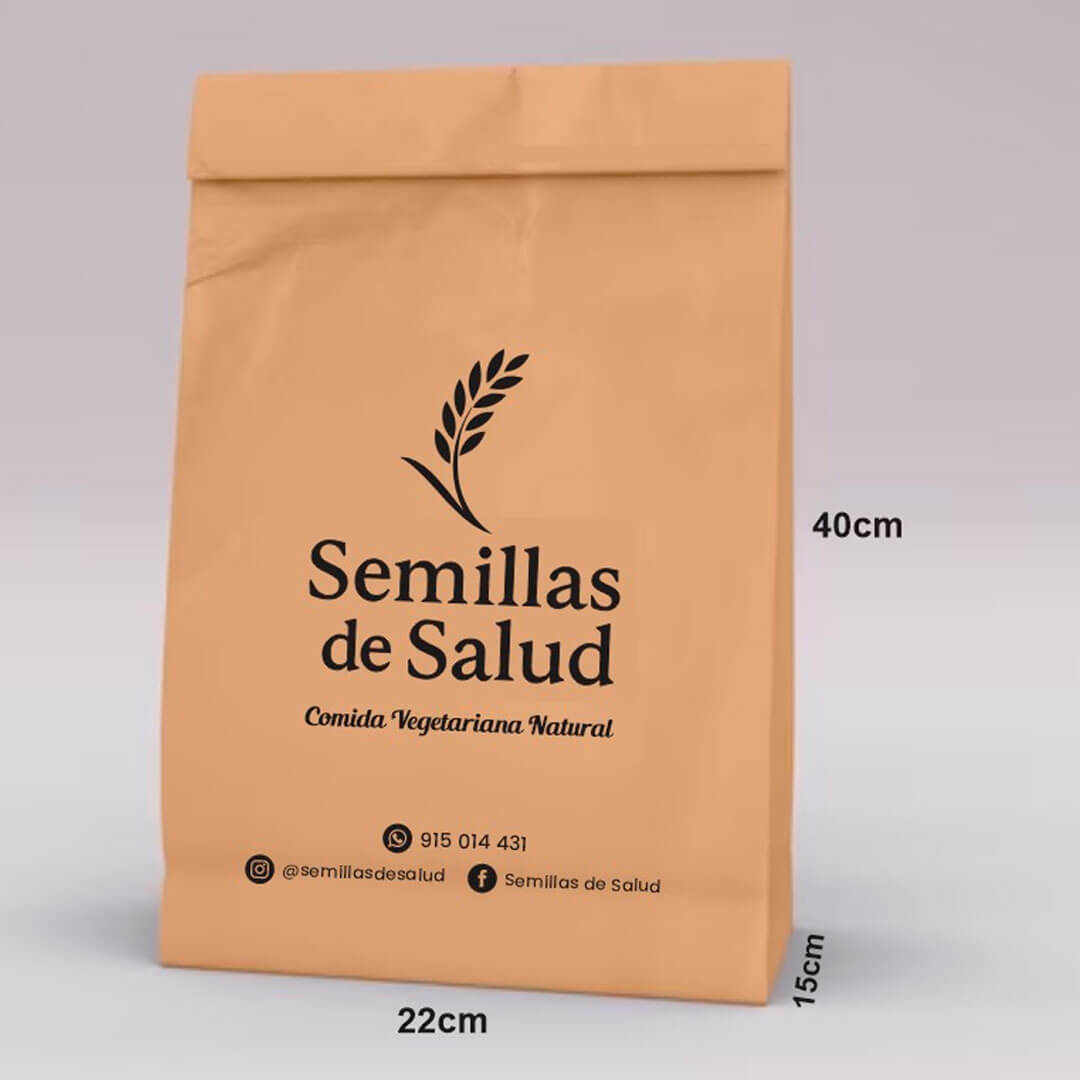 Bolsa kraft sin asa con impresion de logotipo semillas de salud redes y numero de contacto